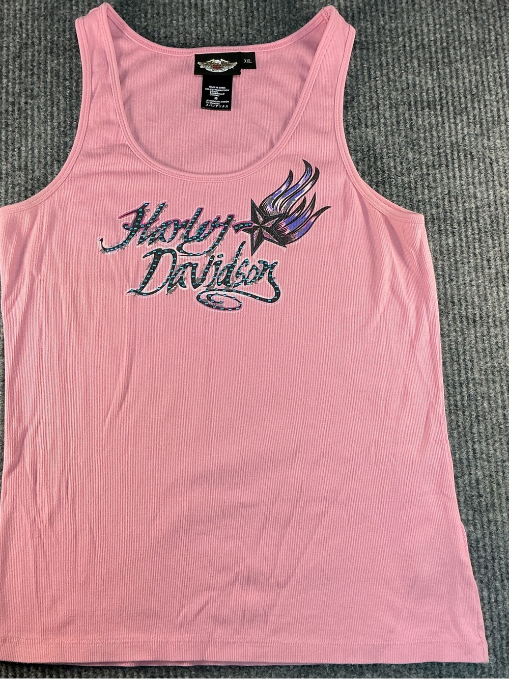 Harley Davidson Graphic Art Tattoo Pink Tank Metallic Studded Beaded Stars XXL